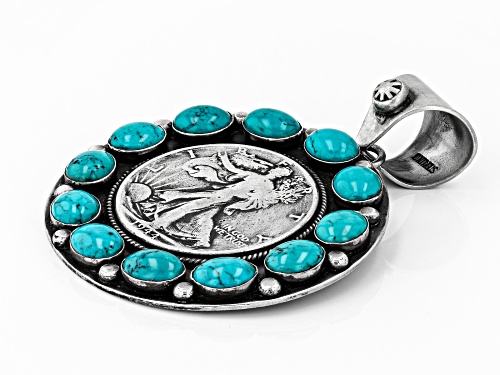 Southwest Style By JTV™ 9x7mm Oval Turquoise Hand Crafted Silver Coin Pendant