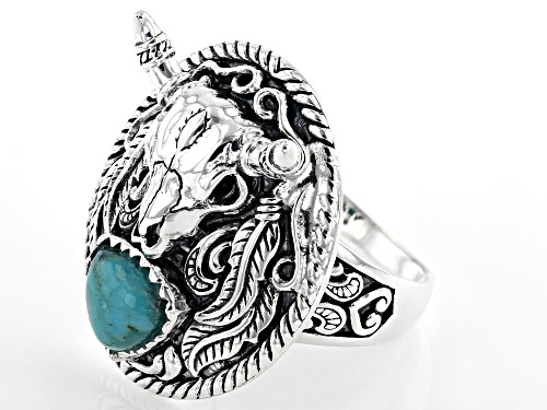 Southwest Style By JTV™ Mens 8mm Trillion Turquoise Rhodium Over Silver Longhorn Cattle Skull Ring - Size 12