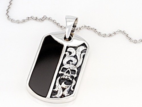 Southwest Style By JTV™ Mens Black Onyx Rhodium Over Silver Skull Dog Tag Pendant With 24