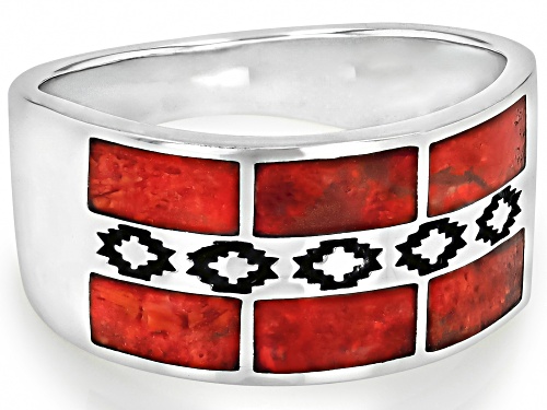 Southwest Style By JTV™ 7x3mm Red Coral Rhodium Over Silver Men's Inlay Band Ring - Size 10