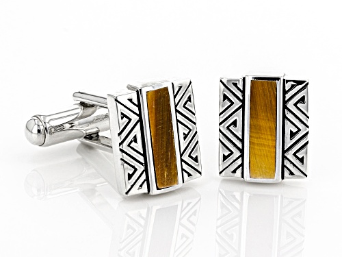 Southwest Style By JTV™ Mens 12x3mm Rectangle Tiger's Eye Rhodium Over Silver Inlay Cufflinks