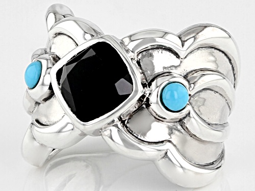 Southwest Style By JTV™ 2.65ct Black Spinel and 3.5mm Turquoise Rhodium Over Silver Ring - Size 6