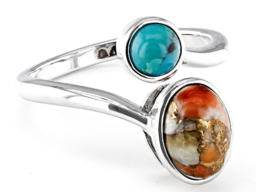 Southwest Style By JTV™ Spiny Oyster Shell and Turquoise Rhodium Over Silver Bypass Ring - Size 8