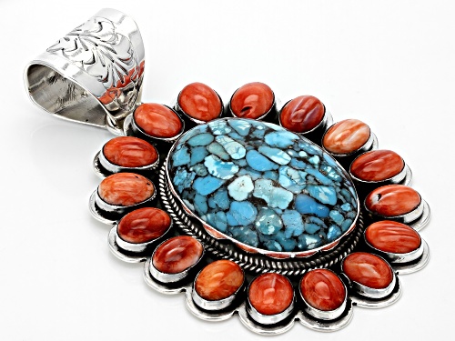 Southwest Style By JTV™ Oval Turquoise And Spiny Oyster Shell Rhodium Over Silver Pendant