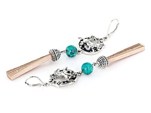 Southwest Style By JTV™ Blue Turquoise Rhodium over Silver Horse Shoe Leather Tassel Earrings