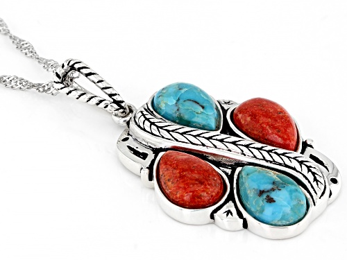 Southwest Style By JTV™ Turquoise and Sponge  Coral Rhodium Over Silver Pendant W/ Chain