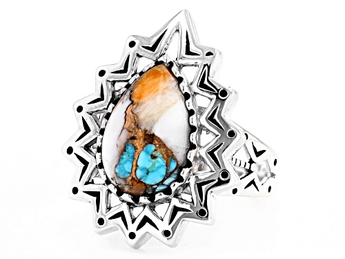 Southwest Style By JTV™ Blended Turquoise and Spiny Oyster Shell Rhodium Over Silver Ring - Size 12