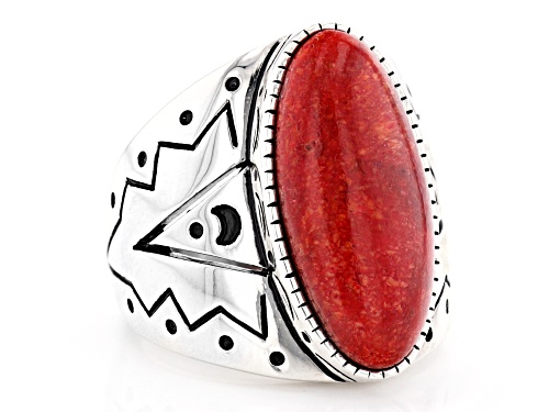 Southwest Style By JTV™ 22x10mm Red Sponge Coral Rhodium Over Sterling Silver Ring - Size 8
