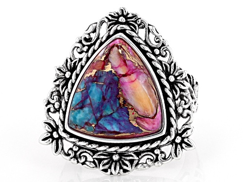 Southwest Style By JTV™ Blended Turquoise and Spiny Oyster Shell Rhodium Over Silver Ring - Size 7