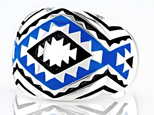 Southwest Style By JTV™ Blue and Black Enamel Rhodium Over Silver Dome Ring - Size 10