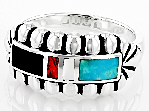 Southwest Style By JTV™ Turquoise, Mother-of-Pearl, Coral & Black Onyx Rhodium Over Silver Ring - Size 9