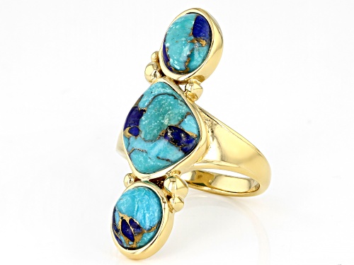 Southwest Style by JTV™ Blue Turquoise and Lapis 18k Yellow Gold Over Sterling Silver 3 Stone Ring - Size 8