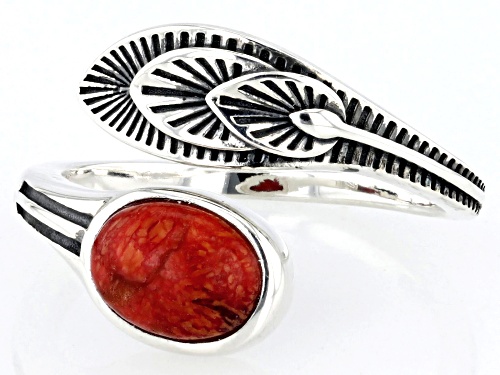 Southwest Style by JTV™ 8x6mm Oval Red Sponge Coral Rhodium Over Sterling Silver Bypass Ring - Size 7