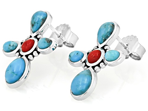 Southwest Style by JTV™ Turquoise With Sponge Coral Sterling Silver Cross Earrings