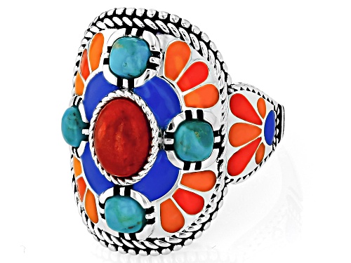 Southwest Style by JTV™ Sponge Coral With Turquoise and Enamel Sterling Silver Ring - Size 7