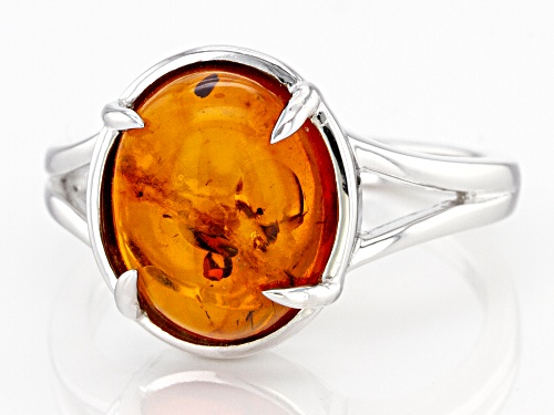 12x10mm Oval Cabochon Amber Rhodium Over Sterling Silver Solitaire Ring - Size 7