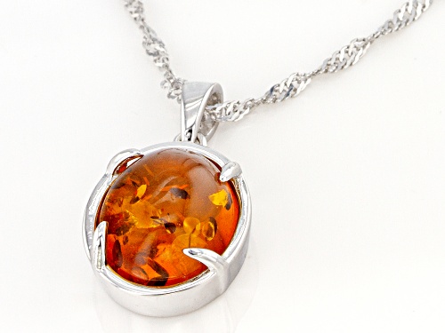 12x10mm Oval Cabochon Amber Rhodium Over Sterling Silver Solitaire Pendant With Chain