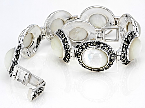 12X10mm Oval Cabochon Mother-of-Pearl and Round Marcasite Rhodium Over Sterling Silver Bracelet - Size 8
