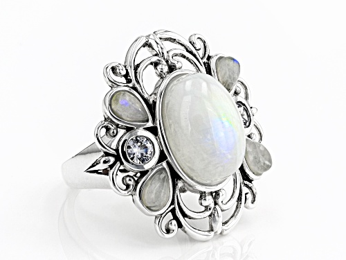 Mixed Shapes Rainbow Moonstone & 0.34ctw Lab Created White Sapphire Rhodium Over Silver Ring - Size 8