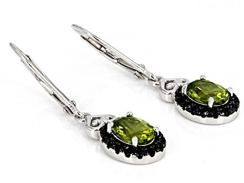 1.39ctw Oval Manchurian Peridot(TM) With 0.46ctw Black Spinel Rhodium Over Silver Dangle Earrings