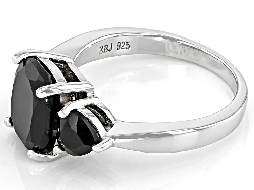 4.38cwt Rectangular Cushion and Heart Shape Black Spinel Rhodium Over Silver 3-Stone Ring - Size 8