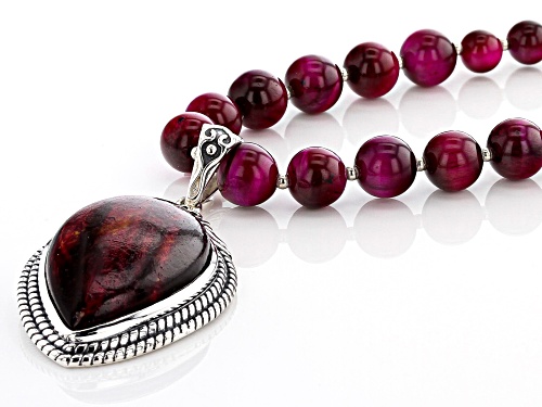 Pear Shape and Round Pink Tigers Eye Rhodium Over Silver Bead Necklace With Enhancer - Size 20