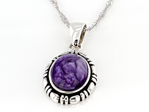 12x10mm Oval Charoite Rhodium Over Sterling Silver Pendant With Chain