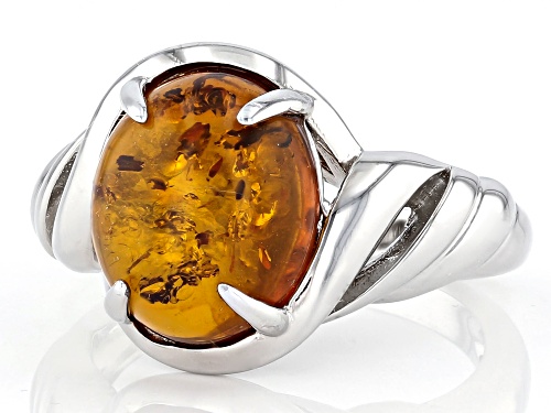 12x10mm Oval Cabochon Amber Rhodium Over Sterling Silver Solitaire Ring - Size 7