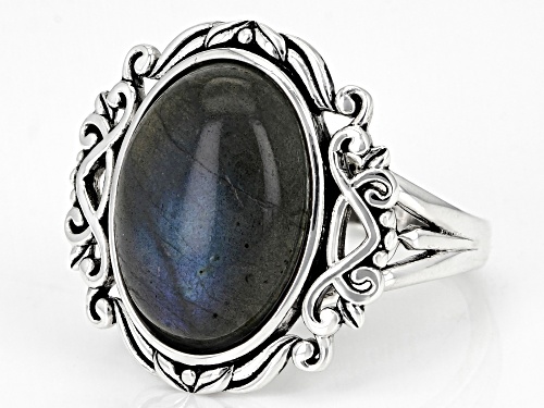 16x12mm Oval Cabochon Labradorite Rhodium Over Sterling Silver Solitaire Ring - Size 7