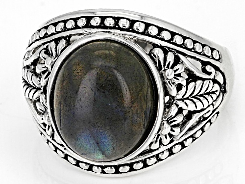 12x10mm Oval Cabochon Labradorite Rhodium Over Sterling Silver Solitaire Ring - Size 7