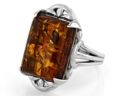 16x12mm Rectanagular Octagonal Cabochon Amber Rhodium Over Sterling Silver Solitaire Ring - Size 8