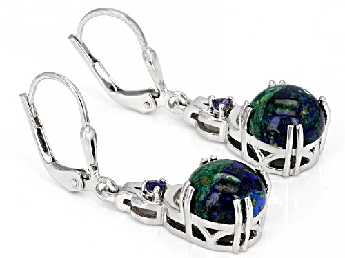 9mm Round Cabochon Azurmalachite and 0.07ctw Round Iolite Rhodium Over Silver Earrings