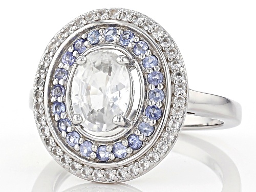 1.84ctw Oval And Round White Zircon With 0.31ctw Round Tanzanite Rhodium Over Sterling Silver Ring - Size 8