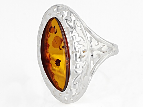 18x7mm Oval Cabochon Cognac Amber Sterling Silver Solitare Ring - Size 8