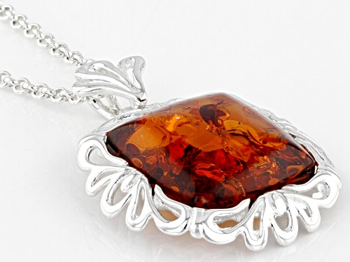 14mm Square Cabochon Cognac Amber Sterling Silver Pendant With Chain