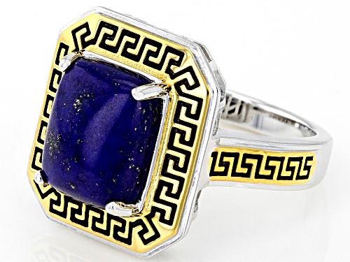 11x9mm Cushion Lapis Rhodium Over Sterling Silver Greek Key Solitaire Ring - Size 10