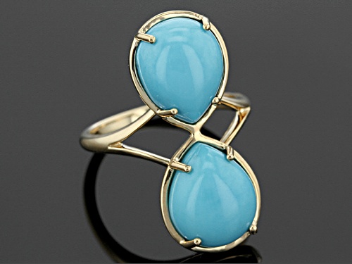 12x10mm Pear Shape Cabochon Turquoise 14k Yellow Gold 2-Stone Ring - Size 7