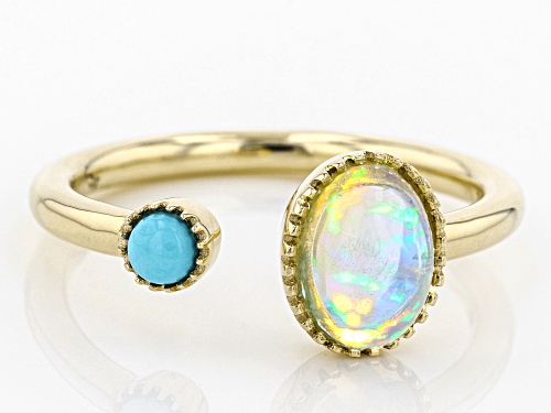 .76ct Oval Ethiopian Opal And 3mm Round Sleeping Beauty Turquoise 10k Yellow Gold Ring - Size 8