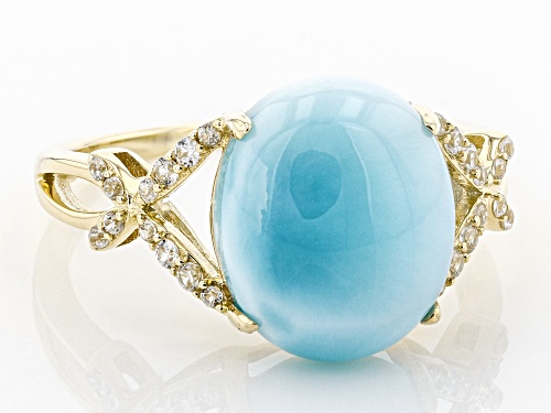 12x10mm Oval Larimar Cabochon With 1.09ctw Round White Zircon 10k Yellow Gold Ring - Size 6
