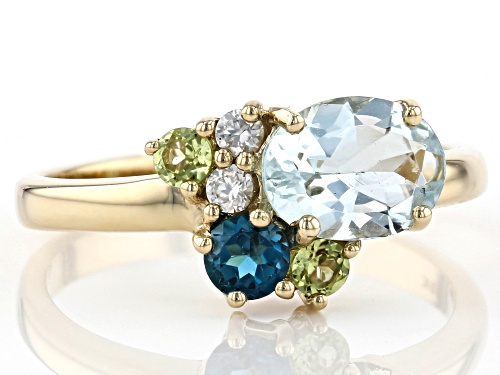 1.14ctw Aquamarine, London Blue Topaz, Manchurian Peridot(TM) & White Zircon 10k Gold Ring - Size 7
