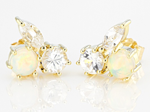 .60ctw Round Ethiopian Opal With 1.50ctw Round and Marquise White Zircon 10k Yellow Gold Earrings