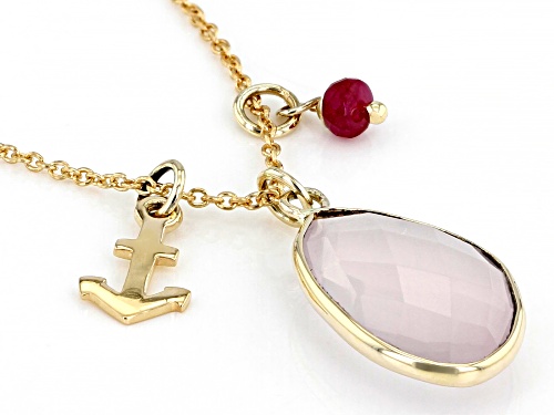 4.20ct Rose Quartz With .12ct Ruby 10k Yellow Gold Pendant With Chain