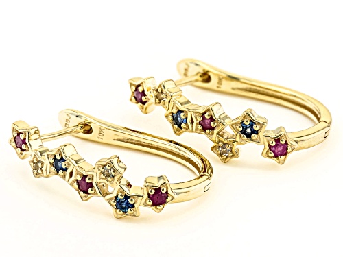 .26ctw Round Mahaleo® Ruby, .20ctw Blue Sapphire & White Sapphire 10k Yellow Gold Star Hoop Earrings