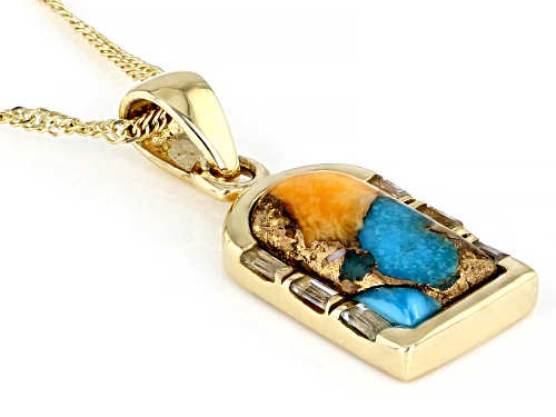 Free-Form Turquoise And Spiny Oyster Shell With 1.20ctw White Zircon 10k Yellow Gold Pendant Chain