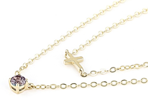 0.09ct Lab Created Alexandrite 10k Yellow Gold Double Layer Cross Necklace