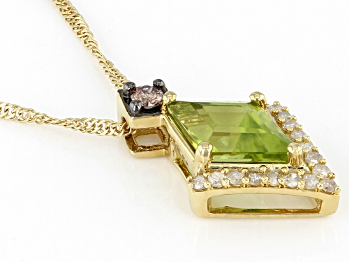 1.16ct Rhombus Peridot with Champagne & White Diamonds 10k Gold Pendant