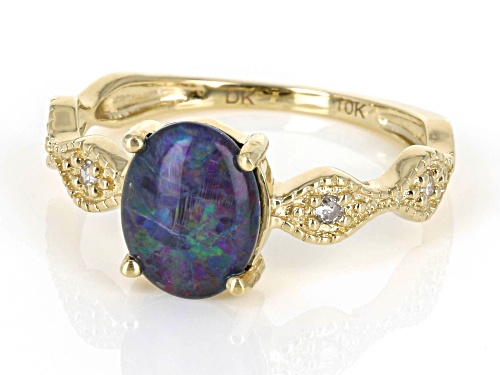 9x7mm Australian Opal Triplet And 0.05ctw White Diamond 10k Yellow Gold Ring - Size 6