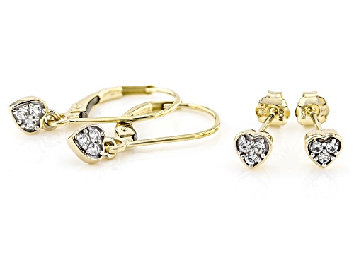 0.27ctw White Zircon 10k Yellow Gold Heart Dangle And Stud Earring Set Of 2