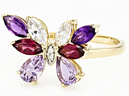 2.01ctw Pink Amethyst, African Amethyst, Rhodolite, Zircon And White Diamond 10k Gold Butterfly Ring - Size 8