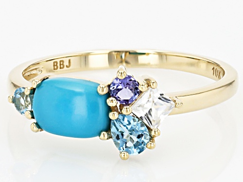 7x5mm Sleeping Beauty Turquoise, 0.48ctw Tanzanite, Swiss Blue Topaz, Zircon 10k Yellow Gold Ring - Size 8